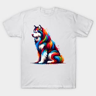 Vibrant Alaskan Malamute in Paint Splash Art Style T-Shirt